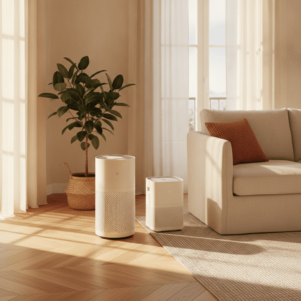 Déshumidificateur et purificateur d\'air dans un salon lumineux